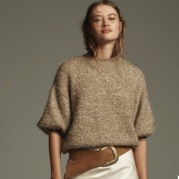 Anthropologie Maeve Violette Short-Sleeve Tinsel Sweater in Honey - Picture 1 of 6